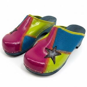 Sanita Pink Blue Green Star Fur Wooden Clogs Mules Colorful Girls 31 1 1.5